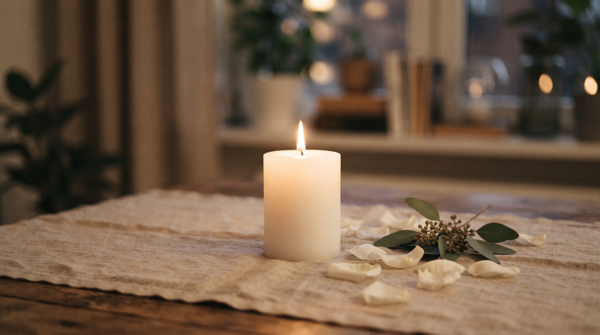 A lit white candle with eucalyptus and rose petals on a linen surface