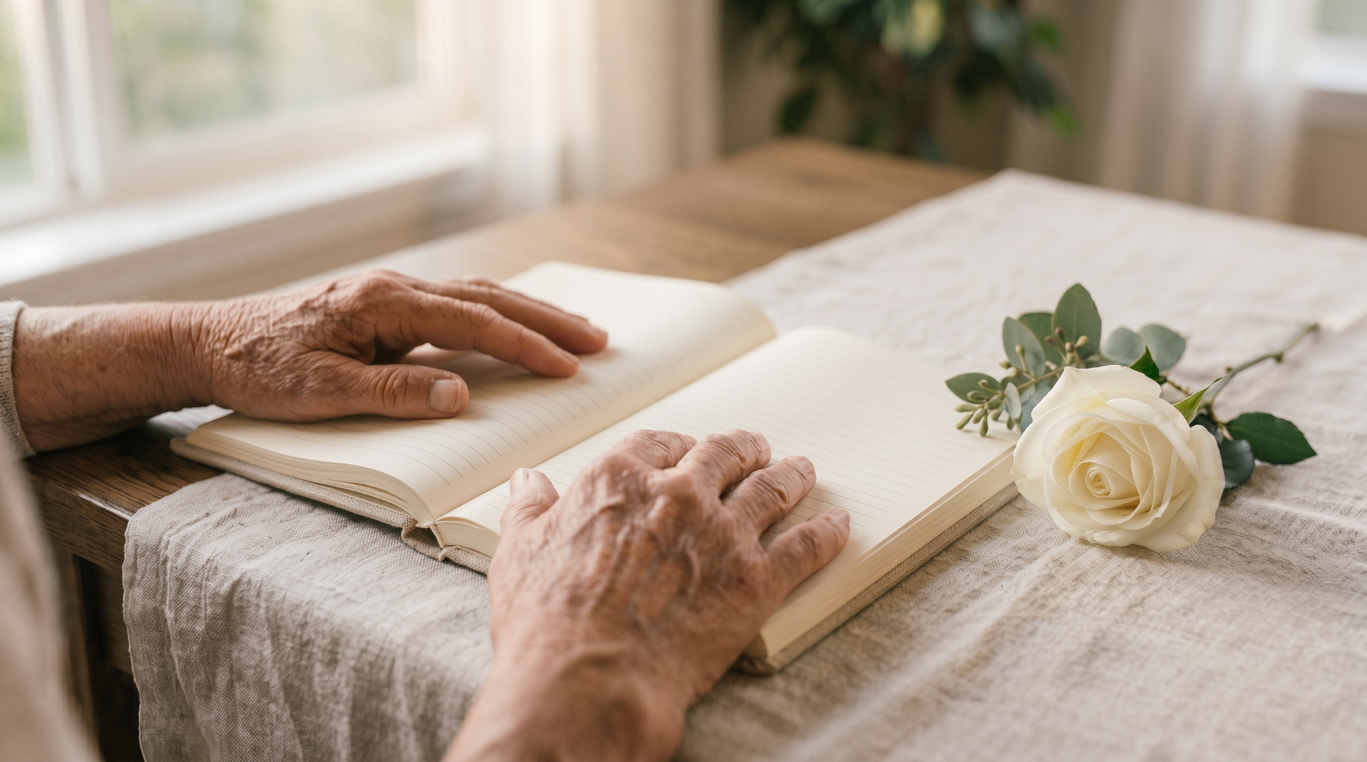 Elderly hands resting on an open notebook beside a white rose