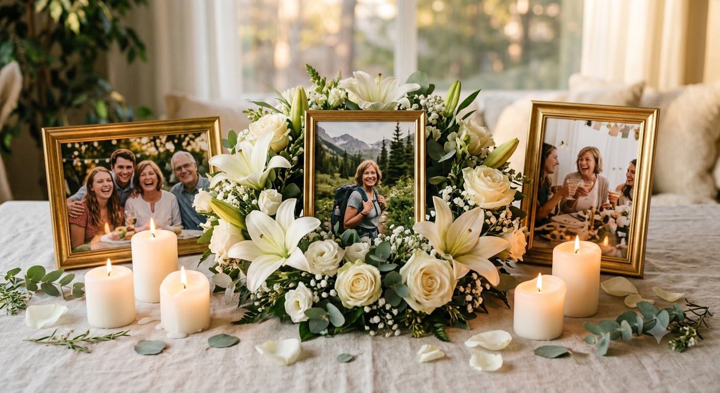 A memorial table with framed photos, white lilies, roses, and lit candles