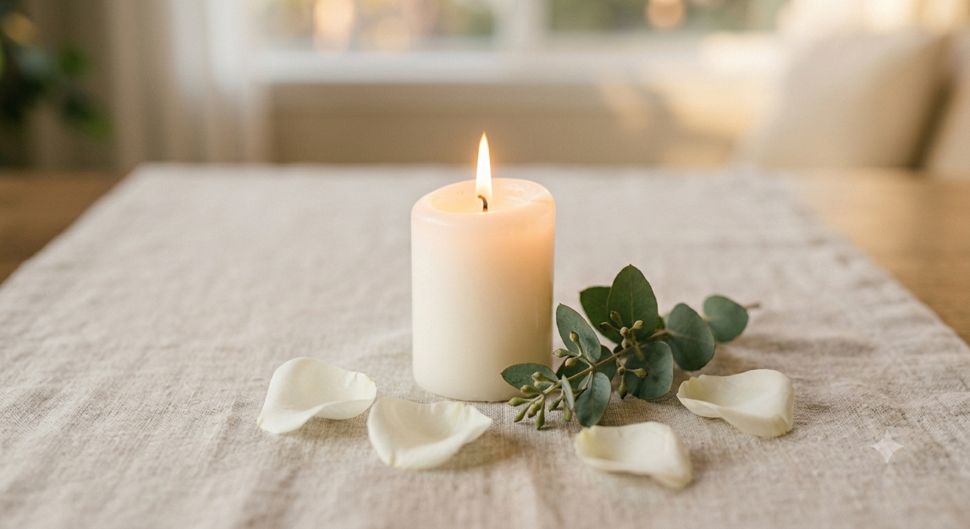 A lit white candle with eucalyptus and rose petals on a linen surface